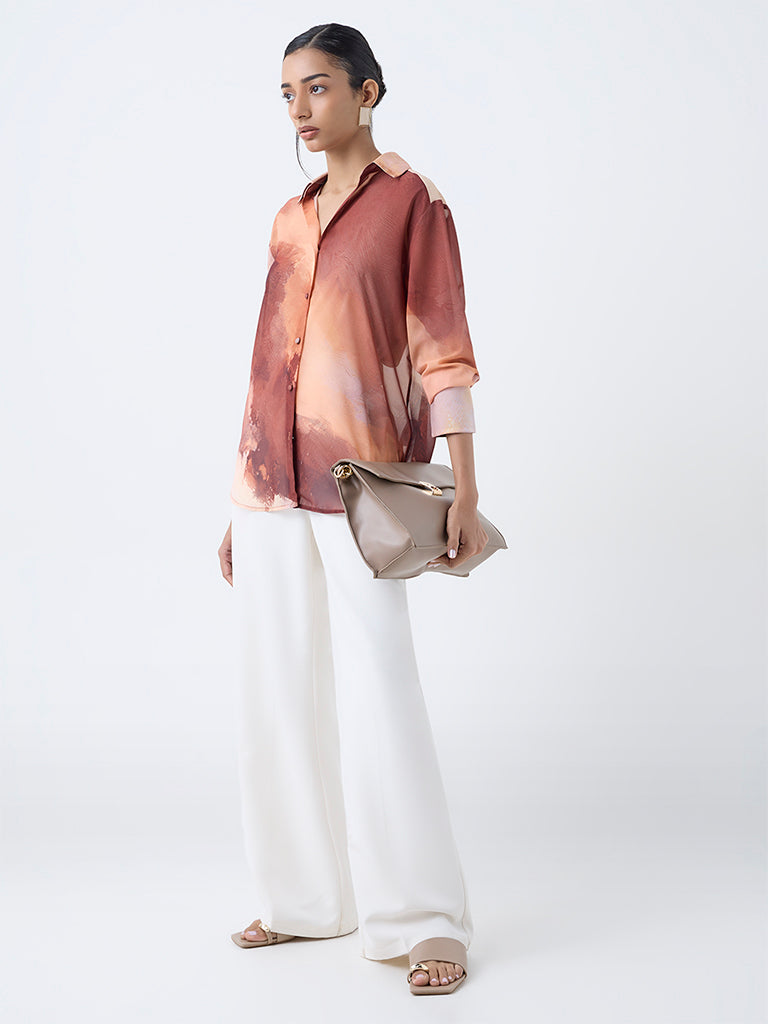 Wardrobe Rust Marble Printed Sheer Shirt With Camisole