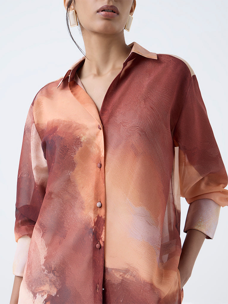 Wardrobe Rust Marble Printed Sheer Shirt With Camisole