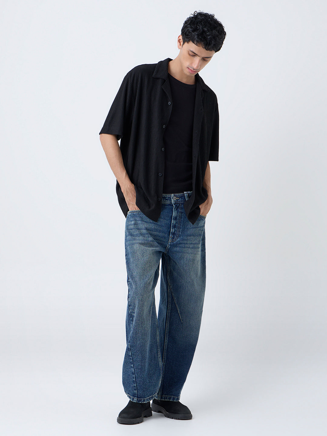 Nuon Black Ribbed-Textured Relaxed-Fit Shirt