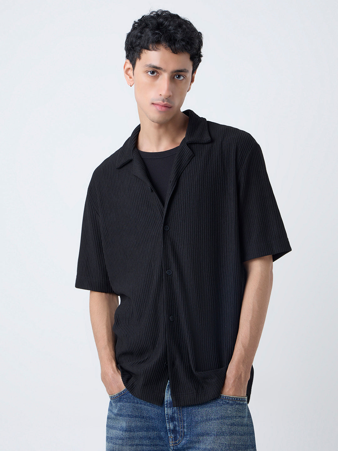 Nuon Black Ribbed-Textured Relaxed-Fit Shirt