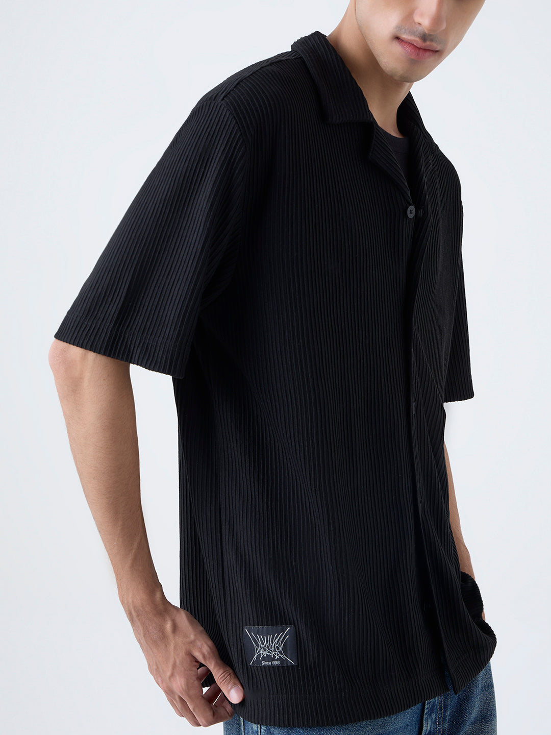 Nuon Black Ribbed-Textured Relaxed-Fit Shirt