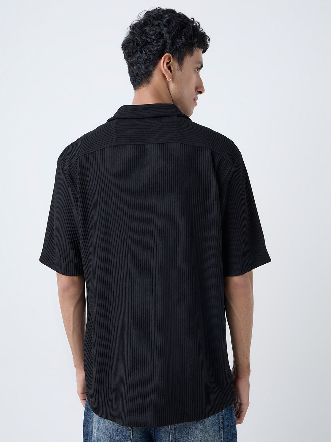 Nuon Black Ribbed-Textured Relaxed-Fit Shirt