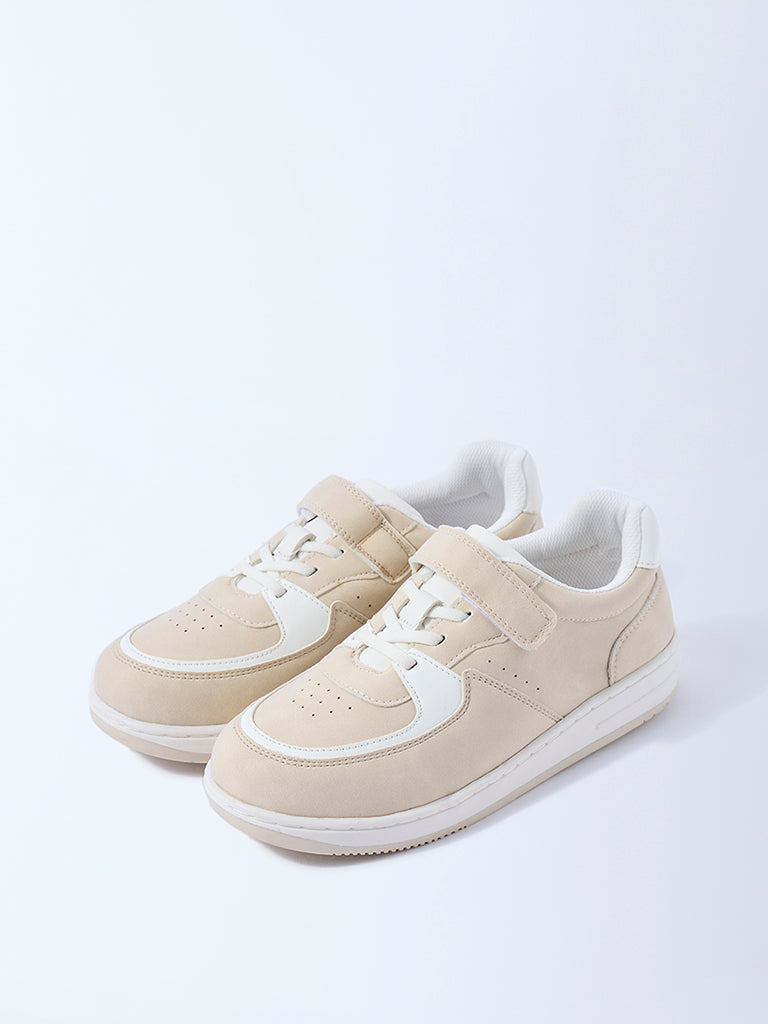 Yellow Beige Perforated Lace-Up Sneakers