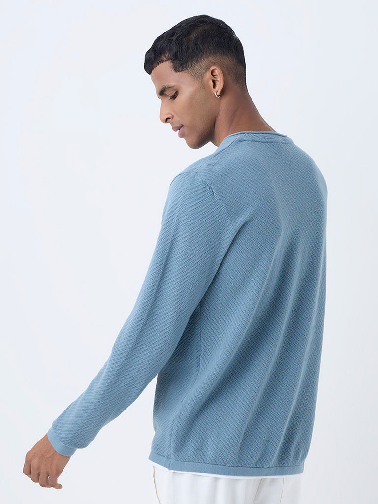 Buy ETA Dusty Blue Textured Relaxed-Fit Cotton Sweater from Westside