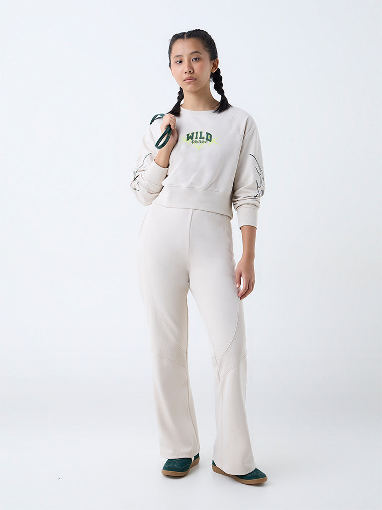 Westside Studiofit Women's Cream Typographic Cotton-Blend Sweatshirt for Winter Wear Full View