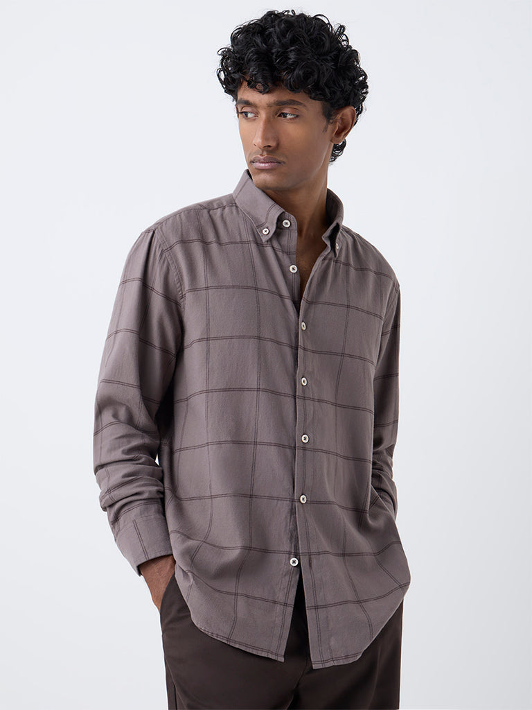 Ascot Taupe Checkered Pattern Relaxed-Fit Cotton Shirt