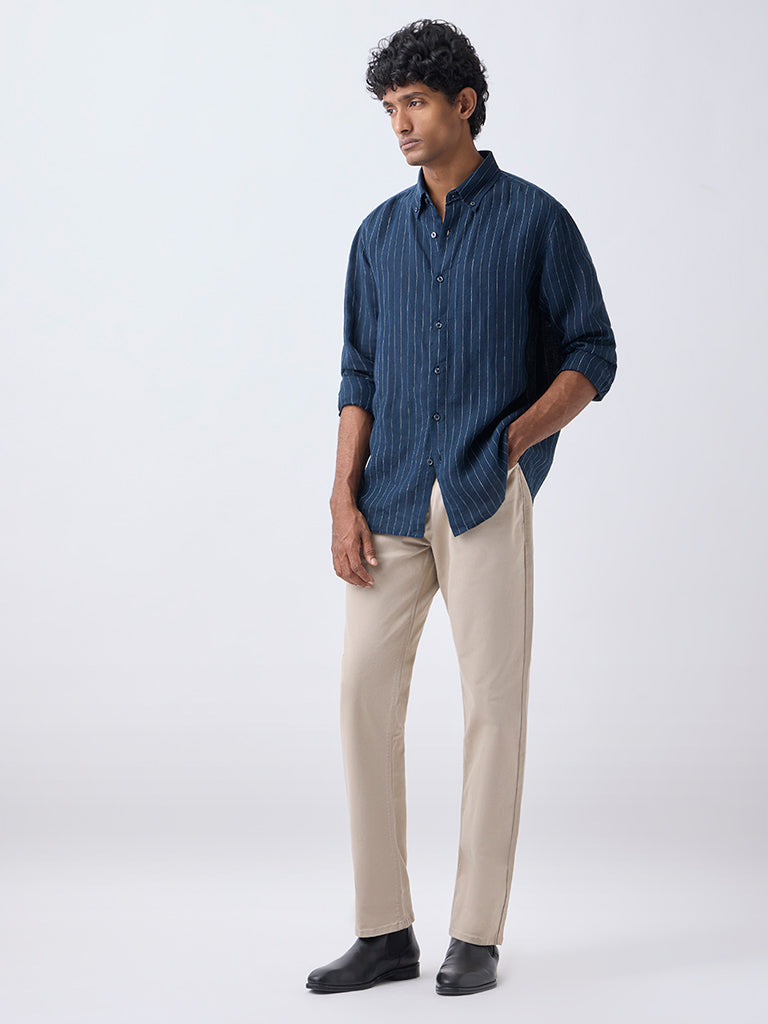 Ascot Navy Striped Relaxed-Fit Linen Shirt