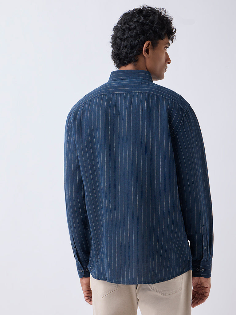 Ascot Navy Striped Relaxed-Fit Linen Shirt