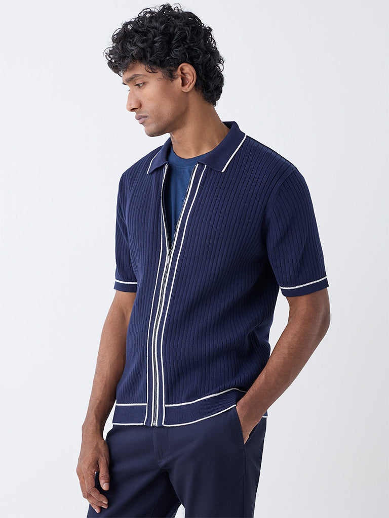 Ascot Navy Ribbed-Textured Relaxed-Fit Cotton-Blend T-Shirt