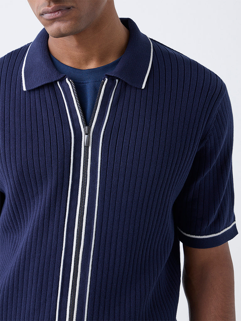 Ascot Navy Ribbed-Textured Relaxed-Fit Cotton-Blend T-Shirt