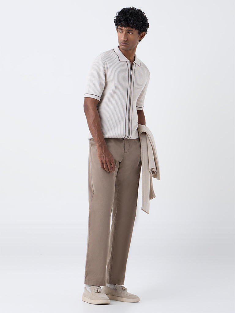 Ascot Beige Self-Stripe Relaxed-Fit Cotton-Blend T-Shirt
