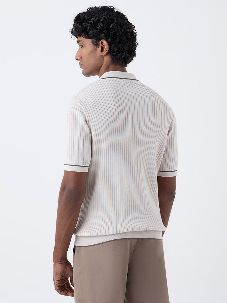 Ascot Beige Self-Stripe Relaxed-Fit Cotton-Blend T-Shirt