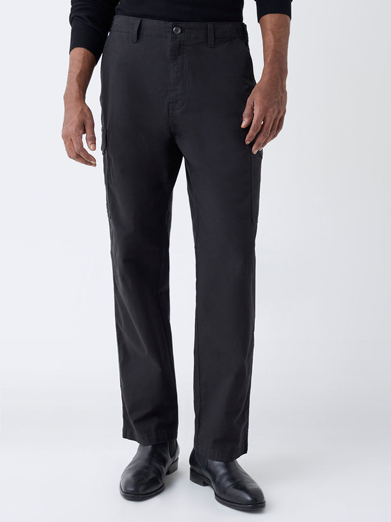 WES Casuals Black Relaxed-Fit Cotton-Blend Trousers