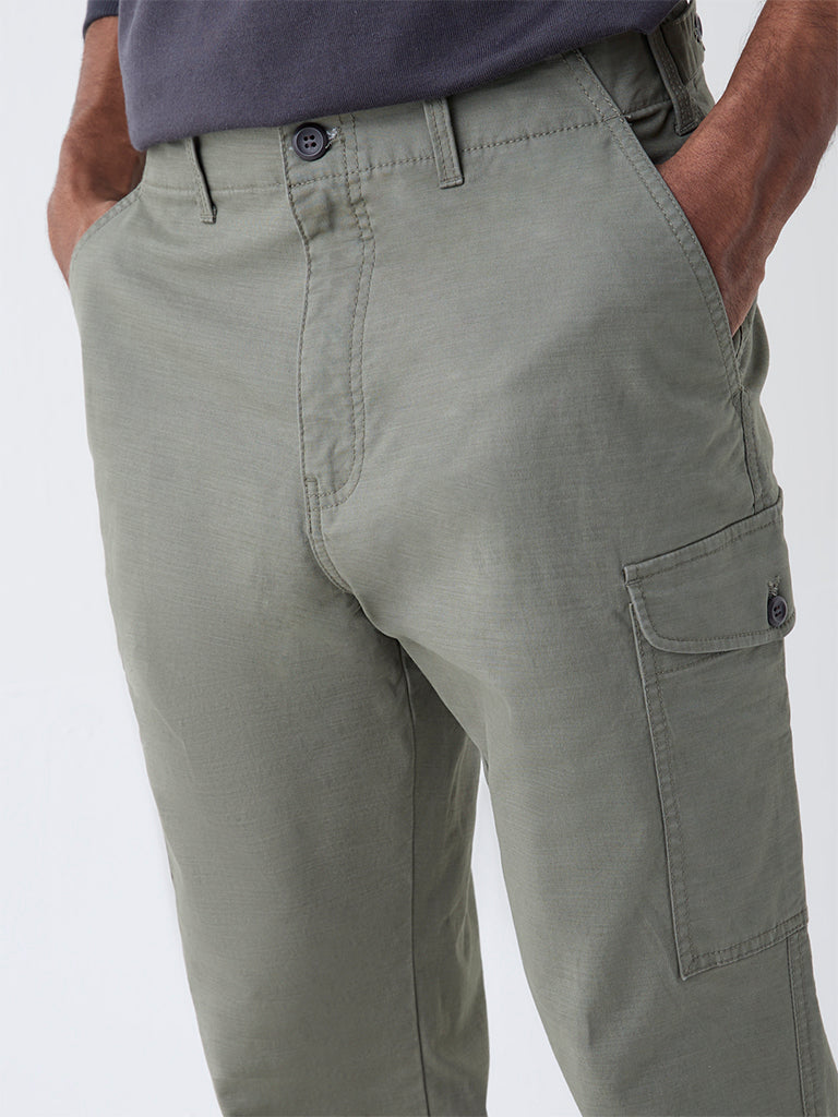 WES Casuals Olive Relaxed-Fit Cotton Trousers
