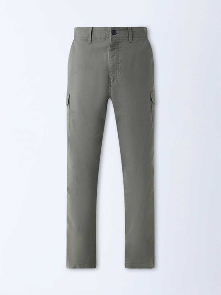 WES Casuals Olive Relaxed-Fit Cotton Trousers