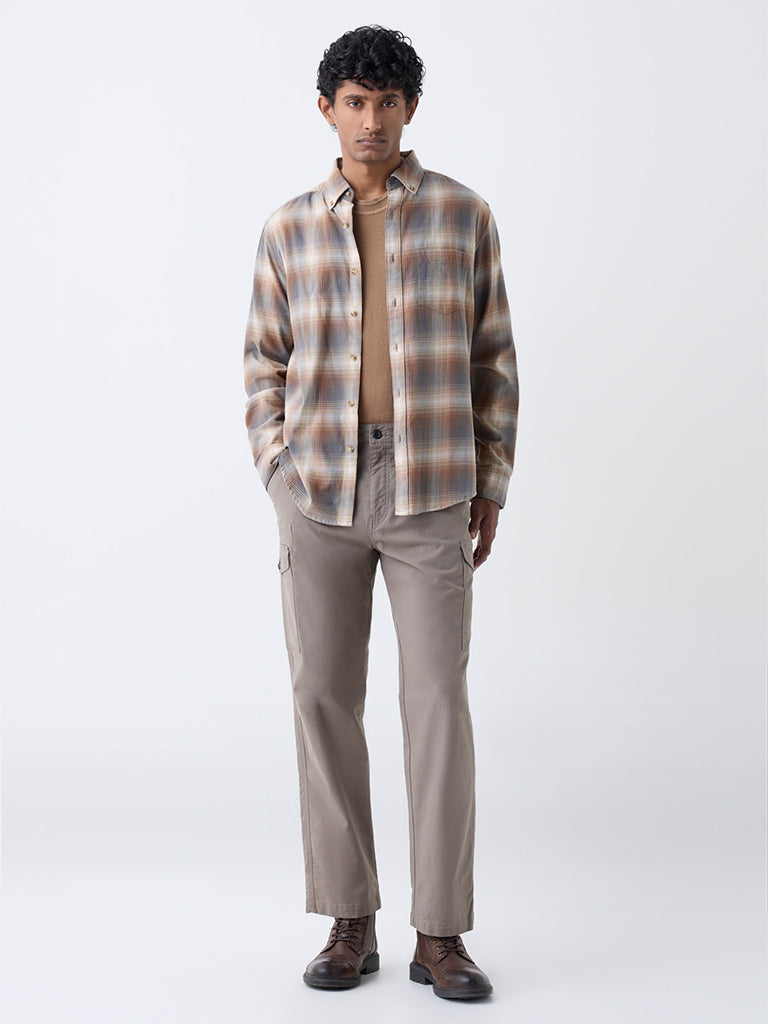 WES Casuals Taupe Relaxed-Fit Cotton Trousers
