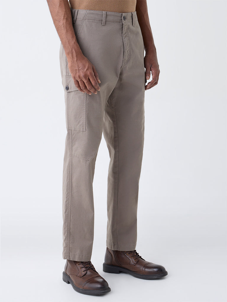WES Casuals Taupe Relaxed-Fit Cotton Trousers