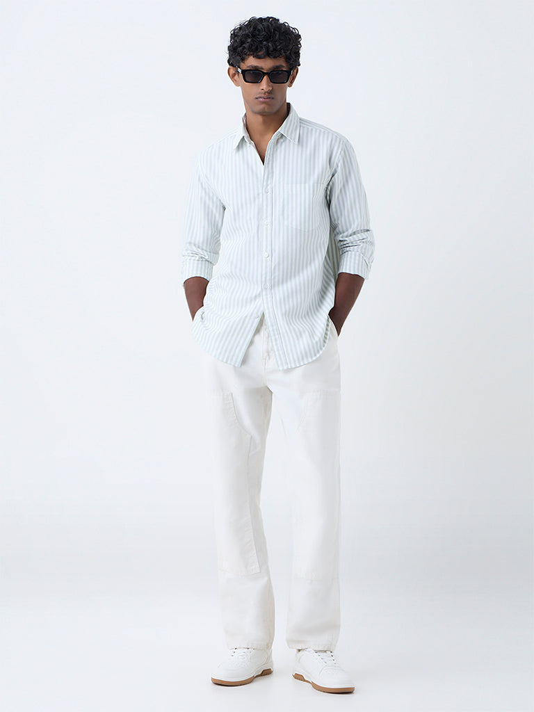 WES Casuals White Striped Relaxed-Fit Cotton Shirt