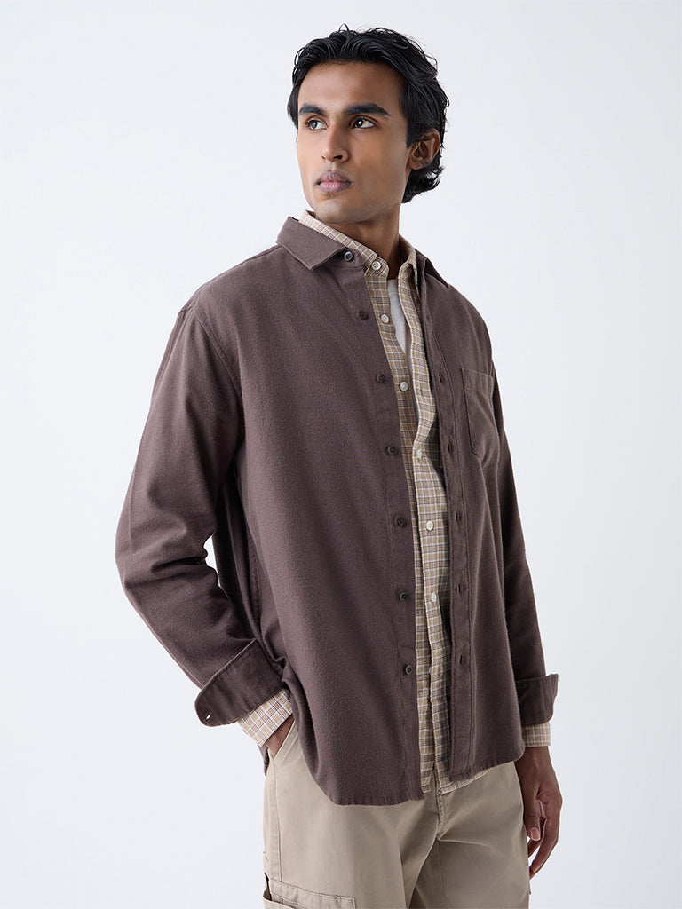 WES Casuals Brown Solid Relaxed-Fit Cotton Shirt
