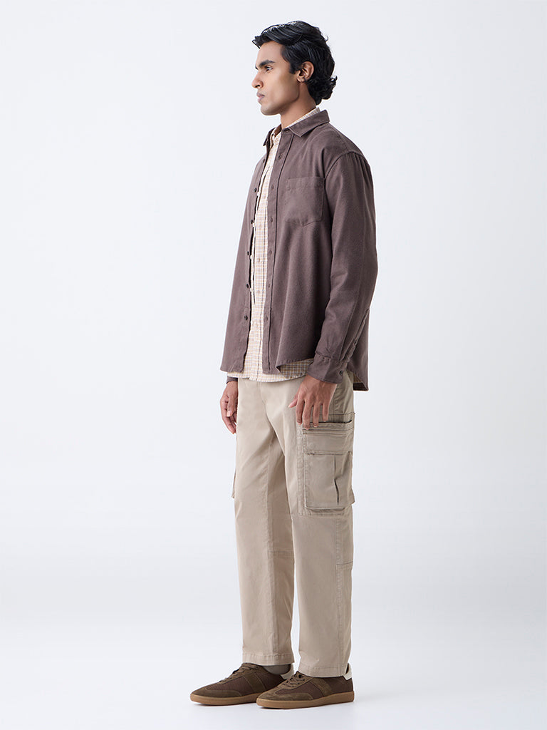 WES Casuals Brown Solid Relaxed-Fit Cotton Shirt