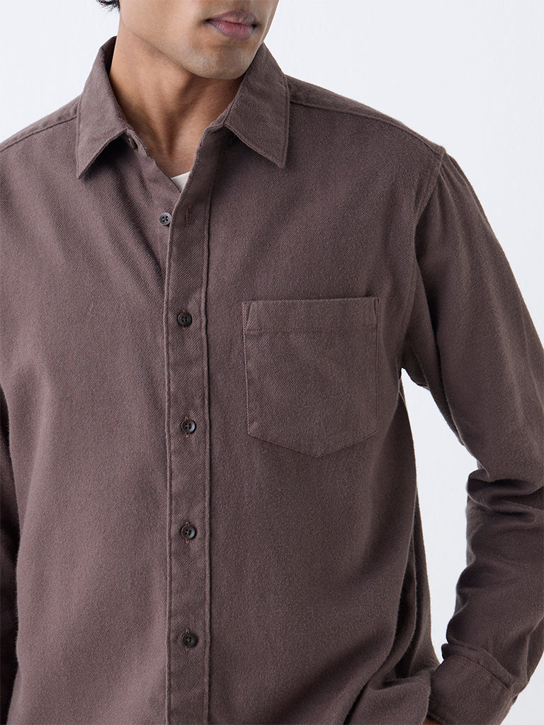 WES Casuals Brown Solid Relaxed-Fit Cotton Shirt