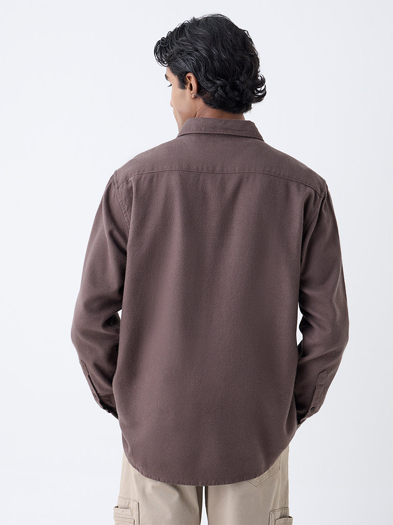 WES Casuals Brown Solid Relaxed-Fit Cotton Shirt
