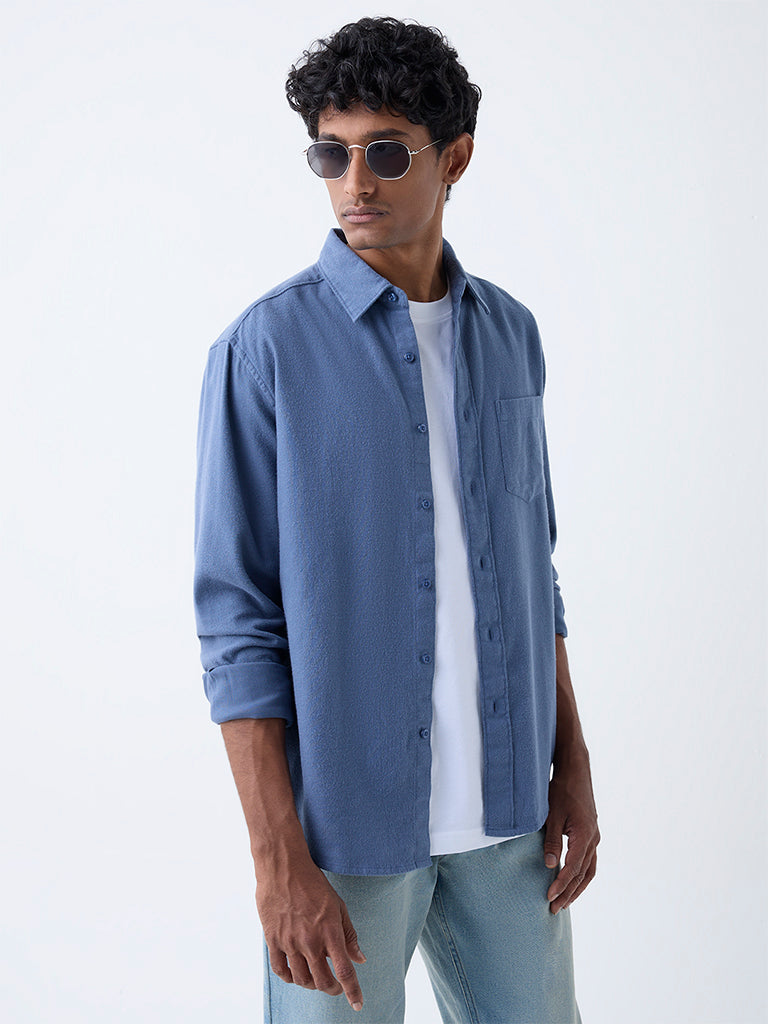 WES Casuals Dusty Blue Solid Relaxed-Fit Cotton Shirt
