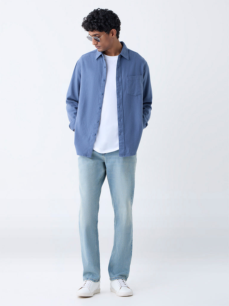 WES Casuals Dusty Blue Solid Relaxed-Fit Cotton Shirt