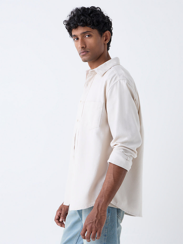 WES Casuals Off-White Solid Relaxed-Fit Cotton Shirt