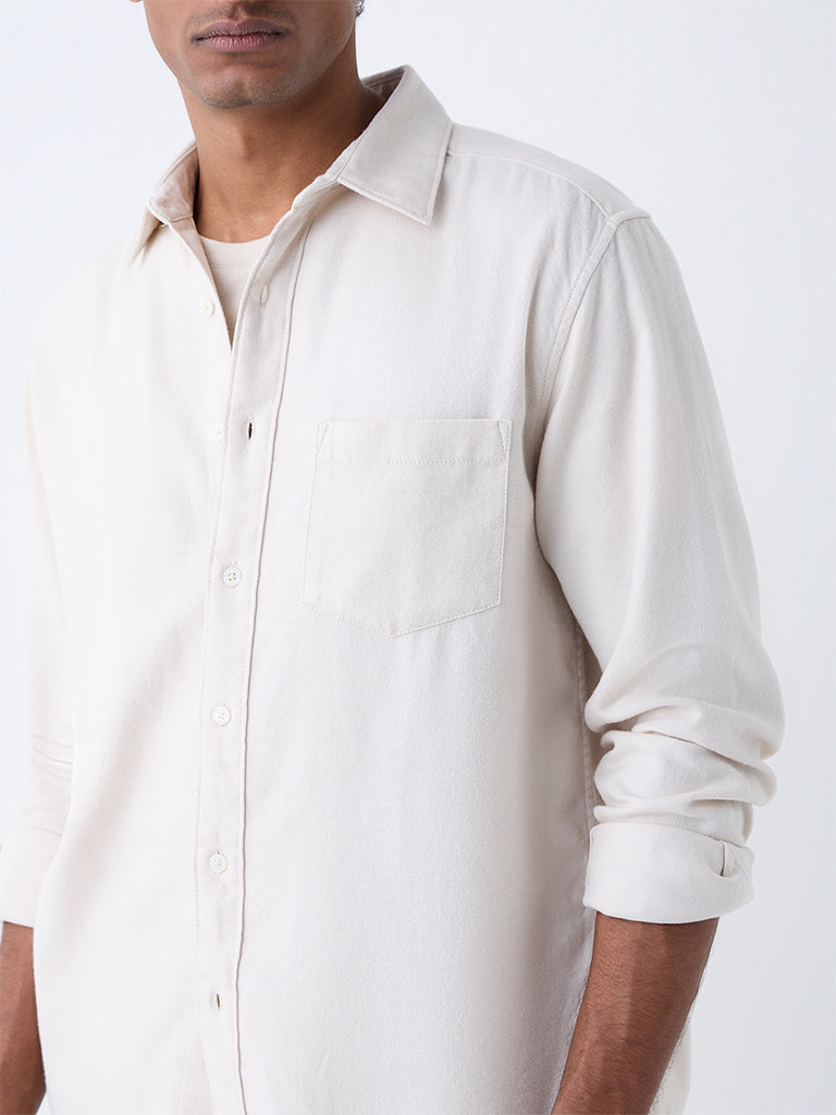 WES Casuals Off-White Solid Relaxed-Fit Cotton Shirt