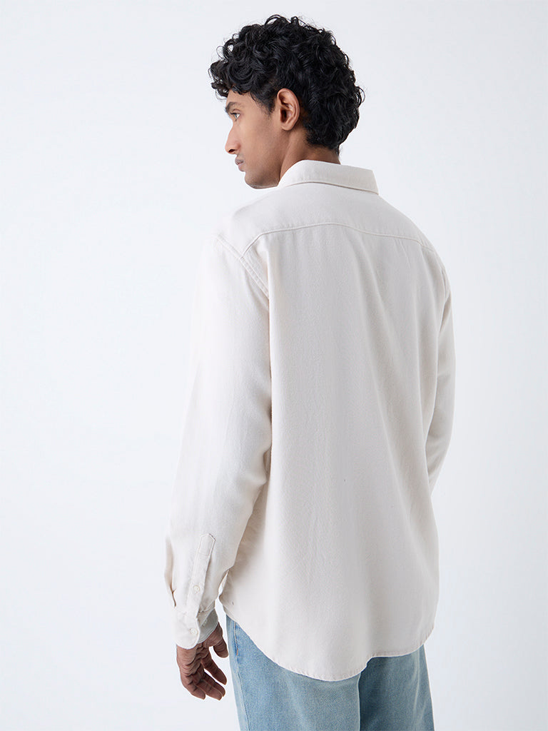 WES Casuals Off-White Solid Relaxed-Fit Cotton Shirt