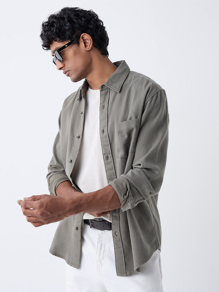 WES Casuals Olive Solid Relaxed-Fit Cotton Shirt