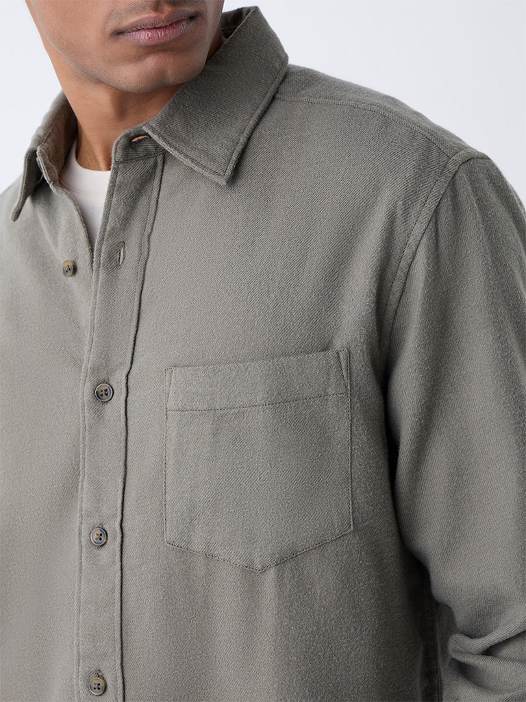 WES Casuals Olive Solid Relaxed-Fit Cotton Shirt