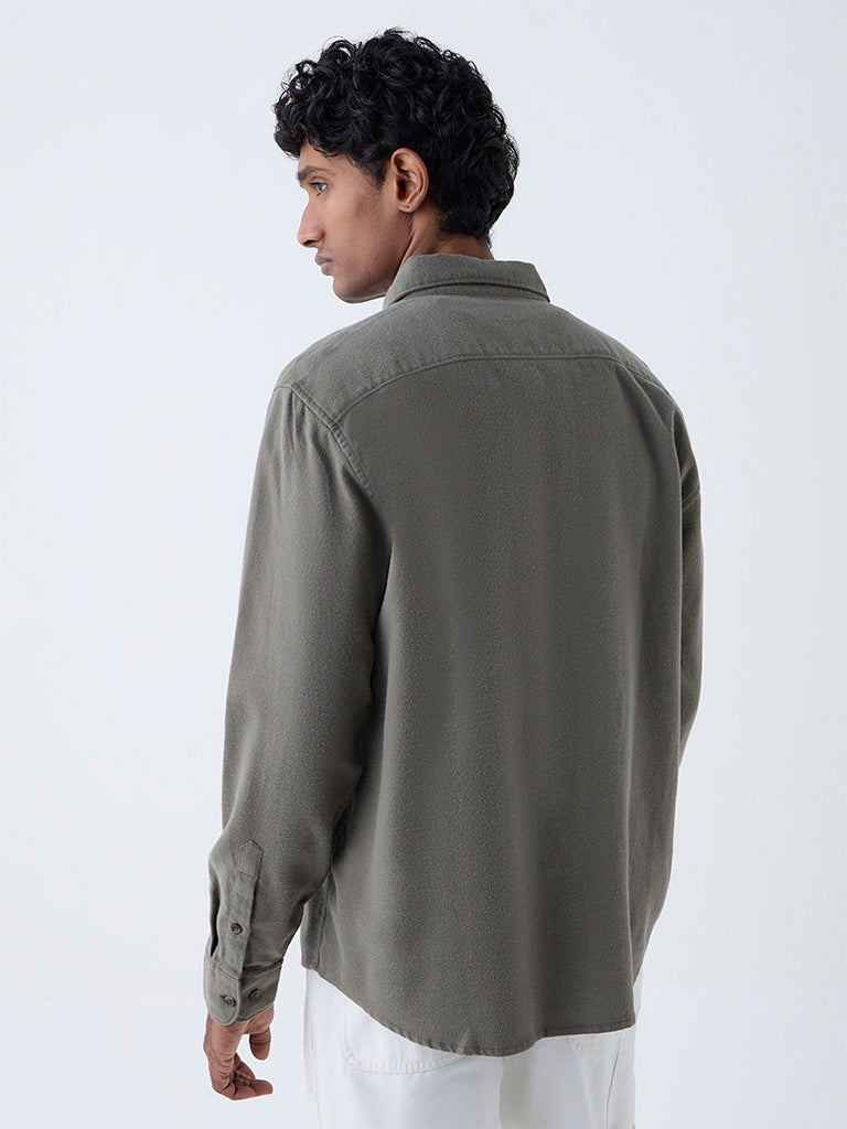 WES Casuals Olive Solid Relaxed-Fit Cotton Shirt