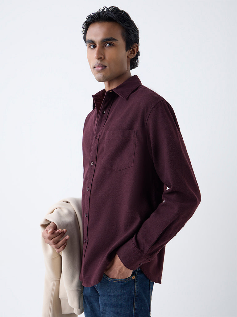 WES Casuals Wine Solid Relaxed Fit Cotton Shirt