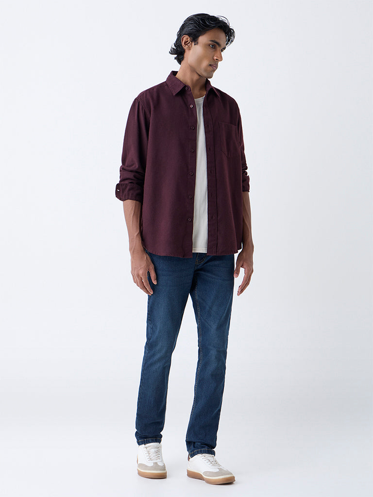 WES Casuals Wine Solid Relaxed Fit Cotton Shirt