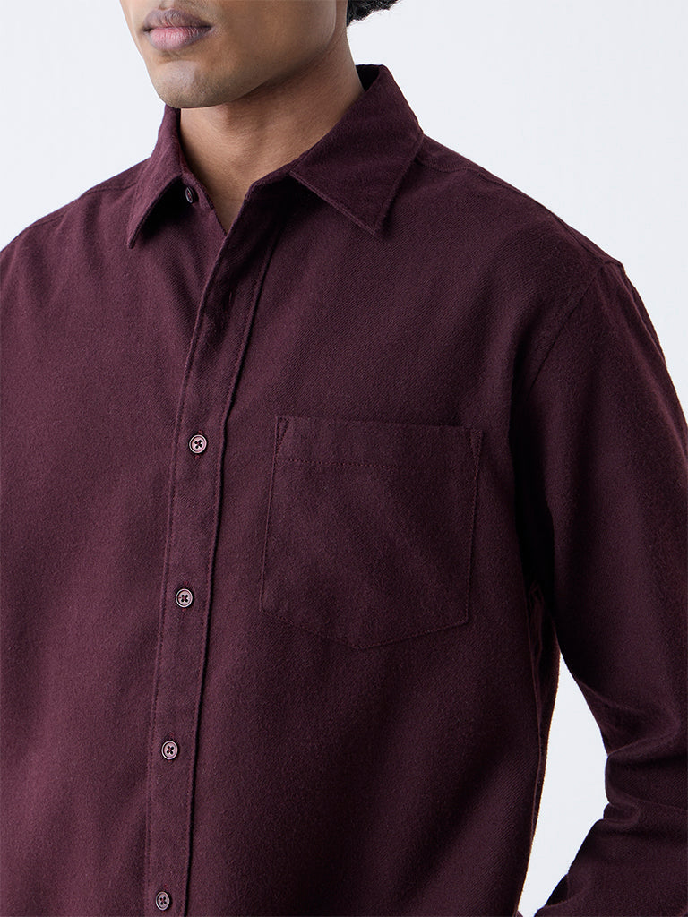 WES Casuals Wine Solid Relaxed Fit Cotton Shirt