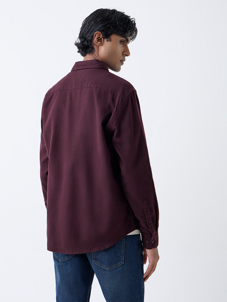 WES Casuals Wine Solid Relaxed Fit Cotton Shirt
