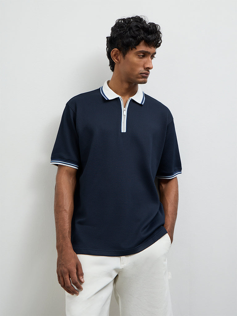 WES Casuals Navy Relaxed-Fit Cotton-Blend Quarter-Zip Polo T-Shirt