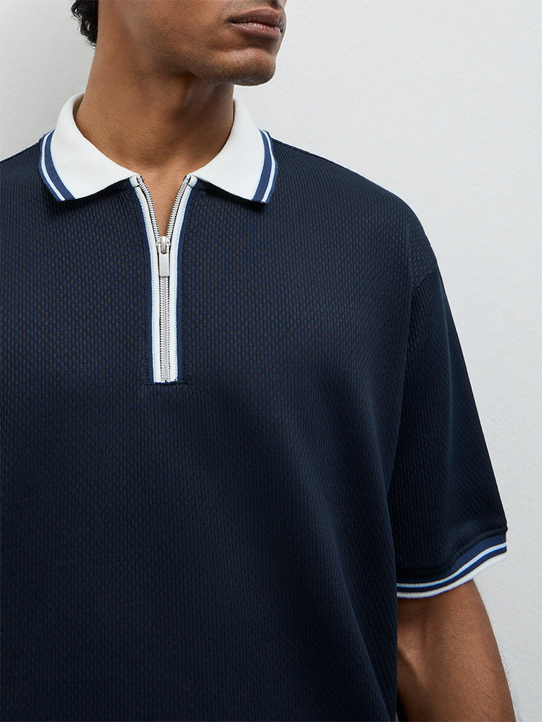 WES Casuals Navy Relaxed-Fit Cotton-Blend Quarter-Zip Polo T-Shirt