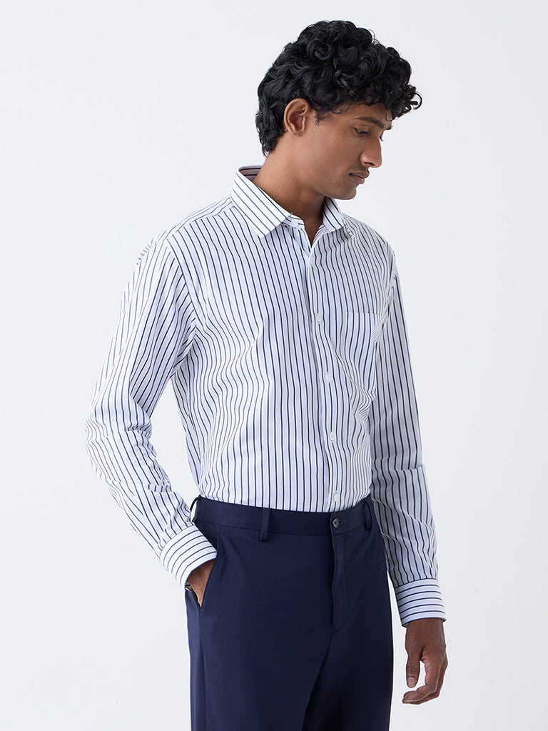 WES Formals Navy Striped Relaxed-Fit Cotton Shirt