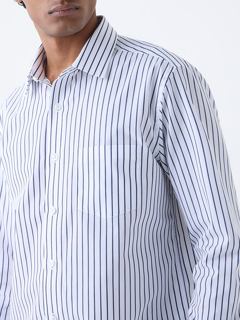 WES Formals Navy Striped Relaxed-Fit Cotton Shirt