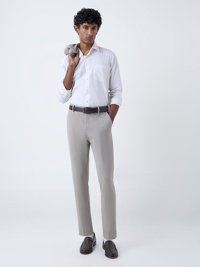 WES Formals Beige Striped Slim-Fit Cotton Shirt