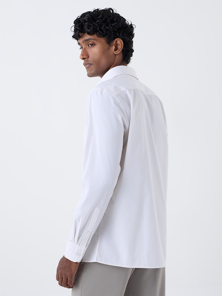 WES Formals Beige Striped Slim-Fit Cotton Shirt