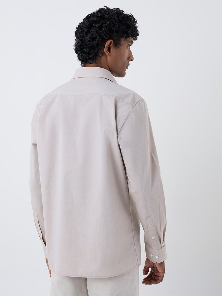 WES Formals Beige Solid Slim-Fit Cotton Shirt