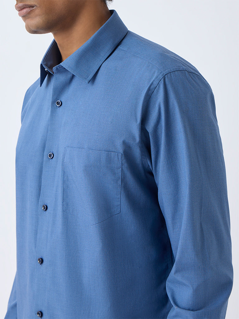 WES Formals Blue Slim-Fit Cotton Shirt