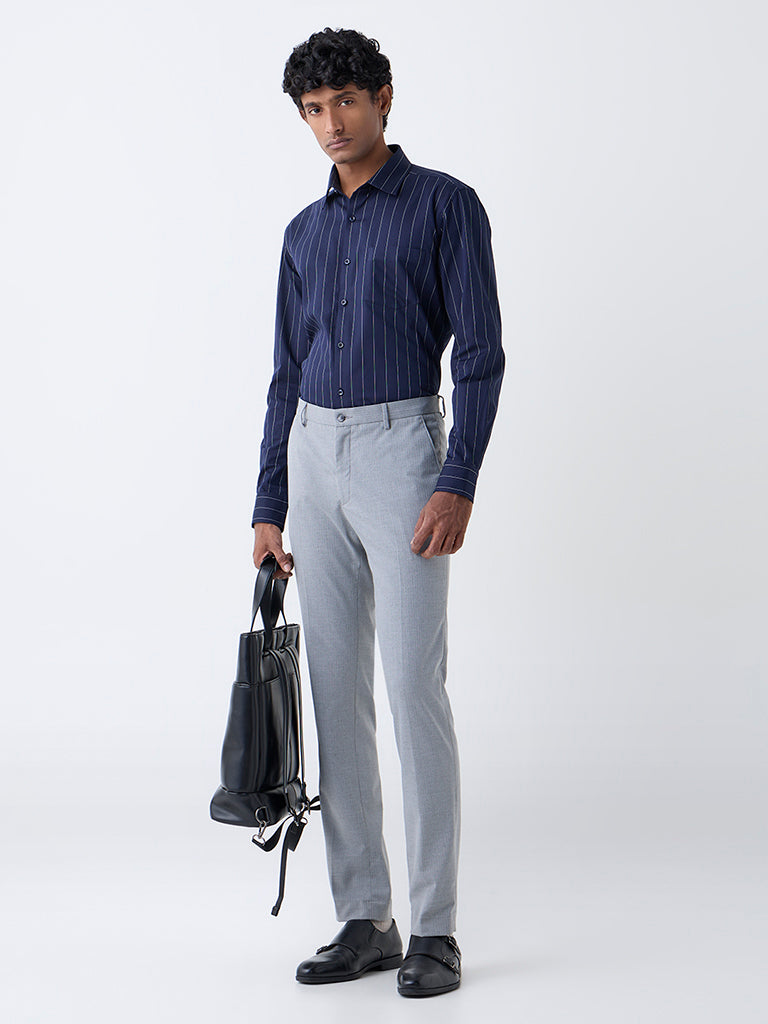 WES Formals Navy Pinstriped Slim-Fit Cotton Shirt