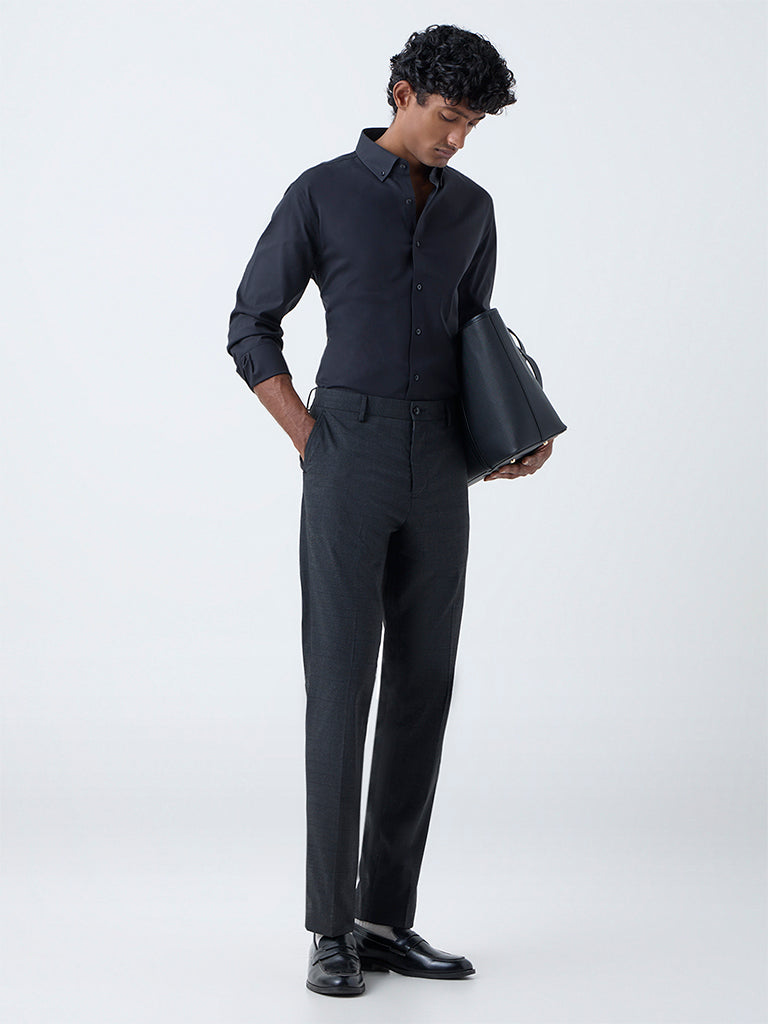 WES Formals Dark Grey Checks Relaxed Fit Mid-Rise Trousers