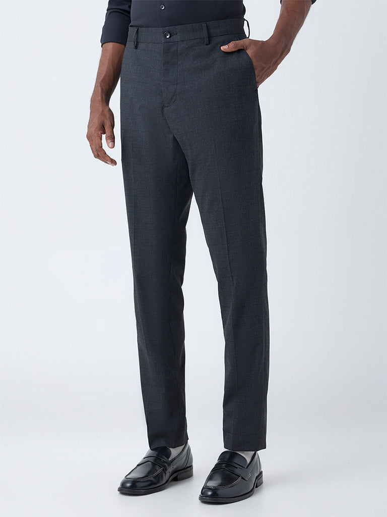 WES Formals Dark Grey Checks Relaxed Fit Mid-Rise Trousers