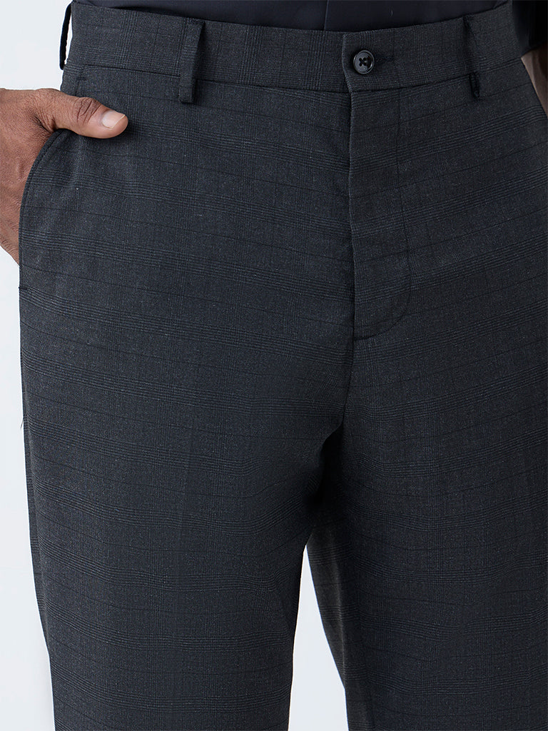 WES Formals Dark Grey Checks Relaxed Fit Mid-Rise Trousers